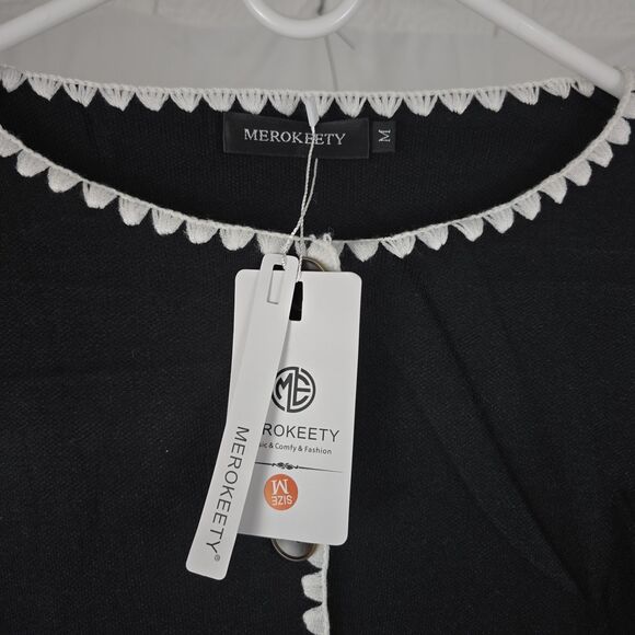 Button-Up Cardigan Women's Medium Front Pockets Black with White Contrast Trim - Picture 4 of 8